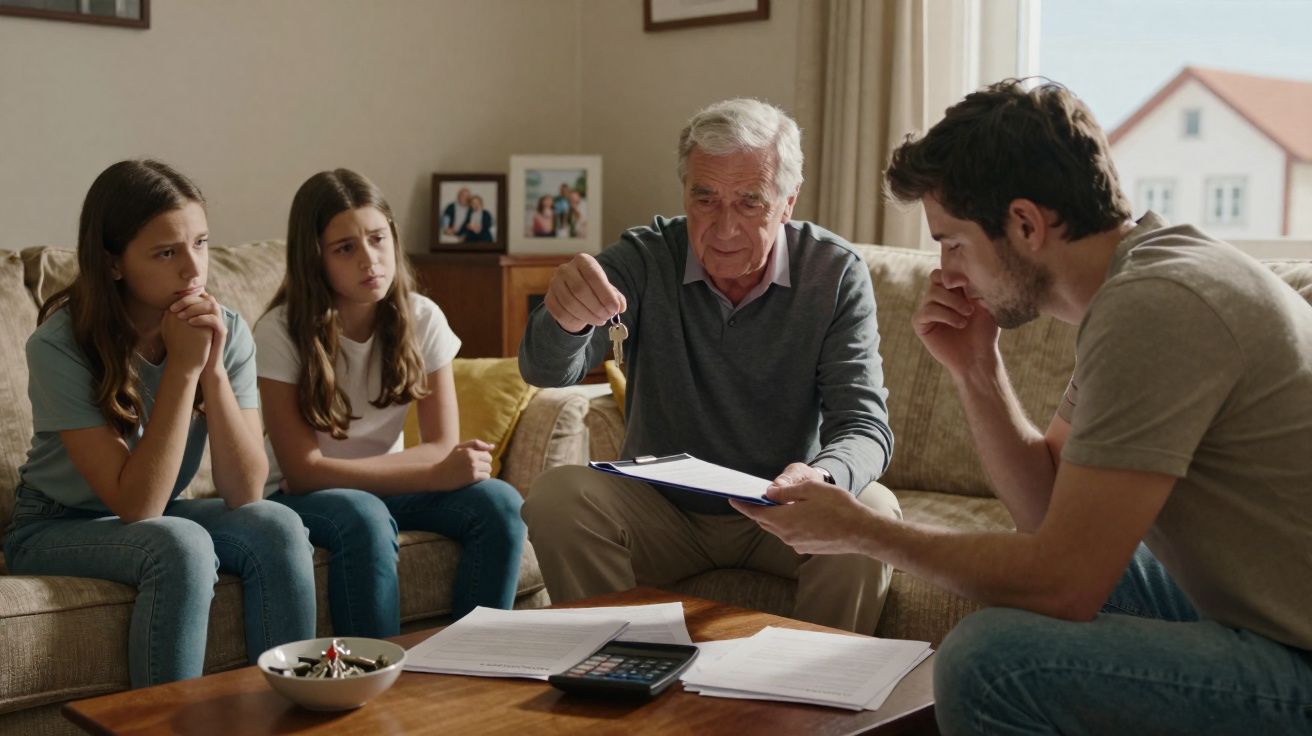 Homem idoso entrega chave a homem mais jovem enquanto duas raparigas os observam preocupadas numa sala.