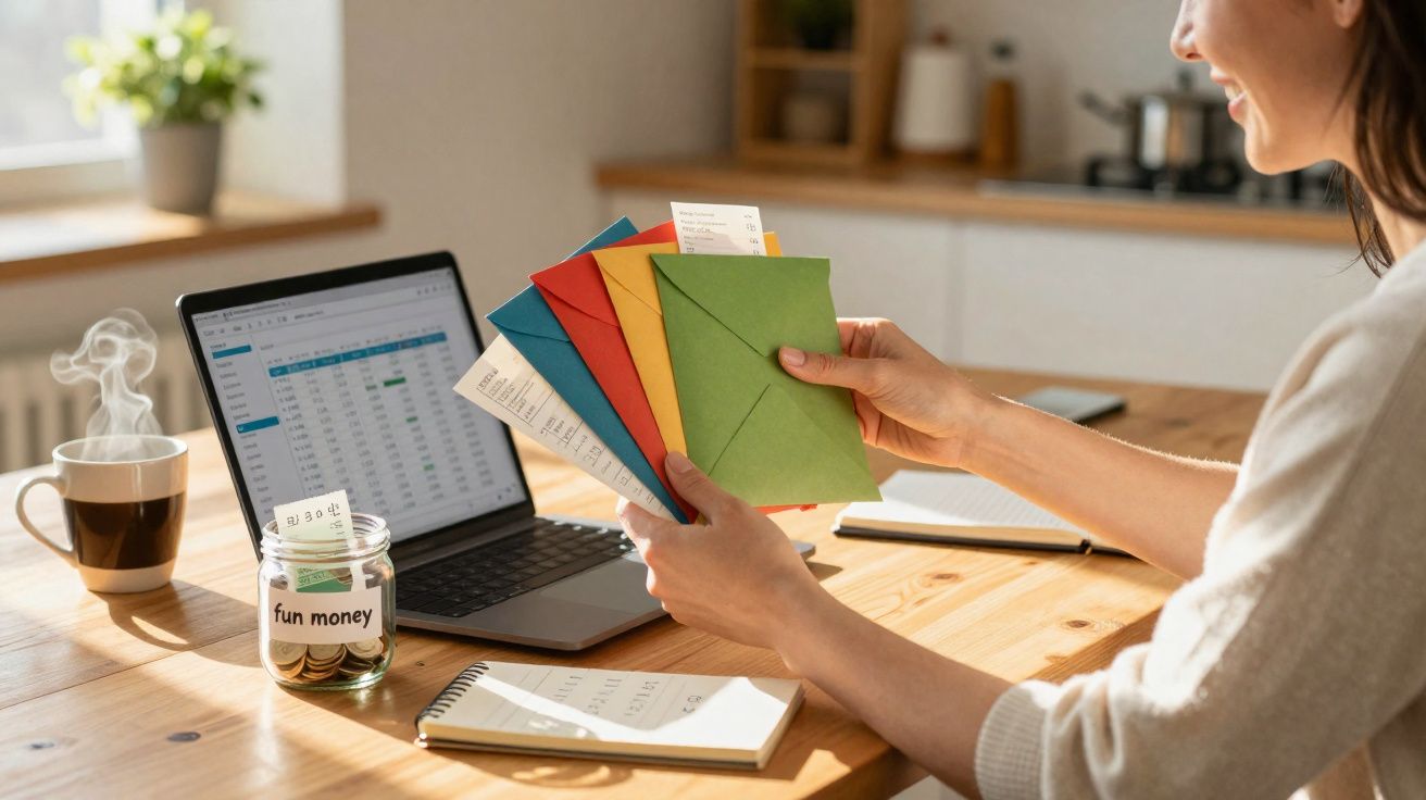 Pessoa a organizar contas com envelopes coloridos numa secretária com computador e notas.