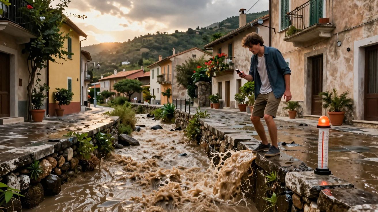 Jovem observa inundação em riacho turbulento num bairro residencial com casas e montanhas ao fundo.