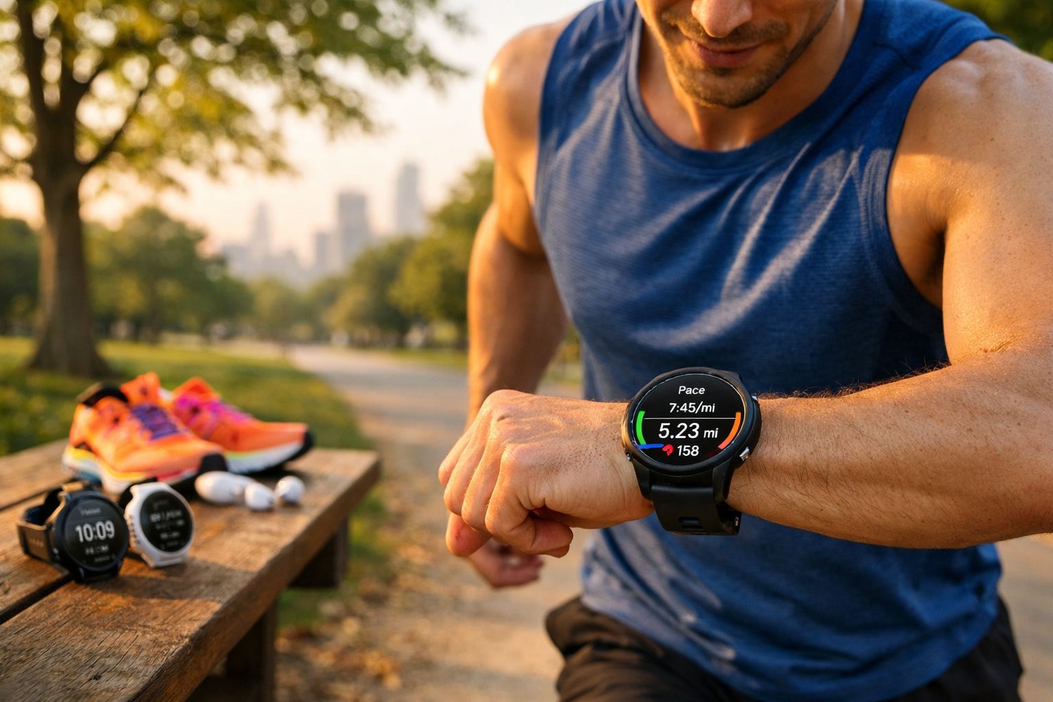 Homem com roupa de desporto azul consulta relógio inteligente durante corrida num parque urbano ao amanhecer.