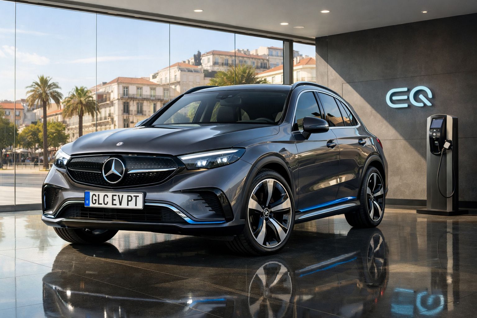 Carro elétrico Mercedes-Benz EQ GLC estacionado ao lado de posto de carregamento, em showroom moderno.