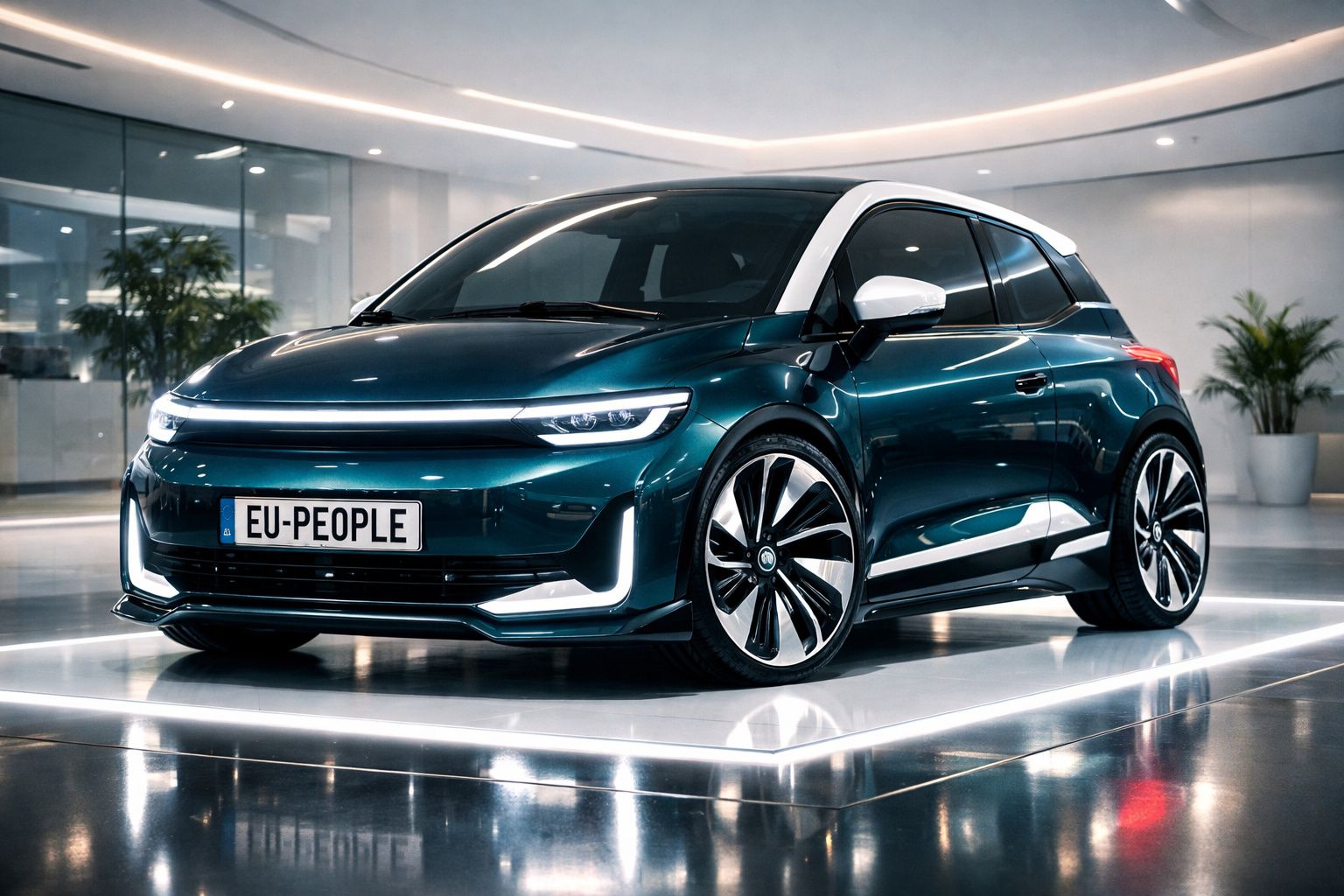 Carro elétrico moderno azul com faróis LED e jantes grandes estacionado num espaço interior iluminado.