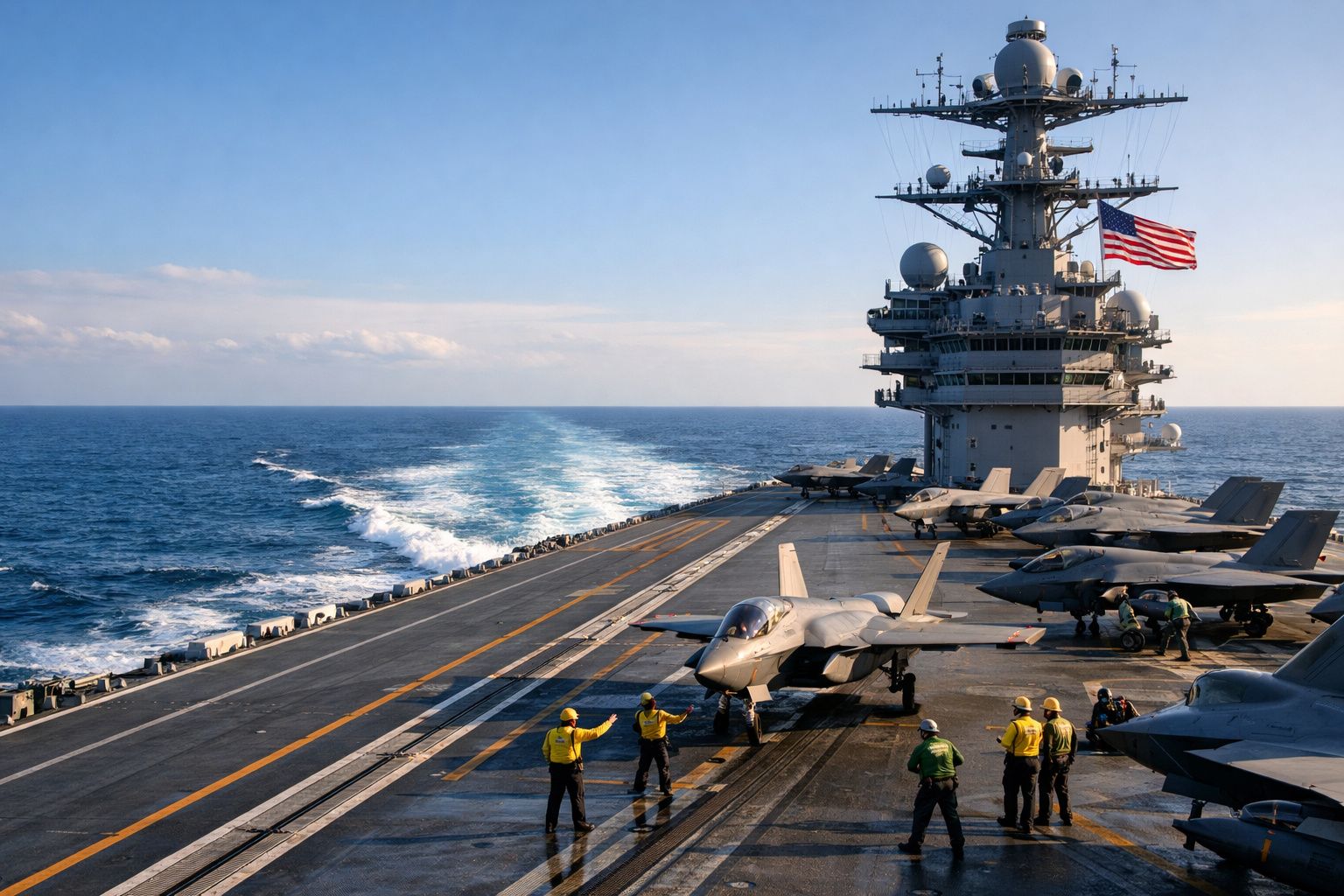 Porta-aviões com várias aeronaves no convés e equipa a preparar um avião para descolagem no mar.