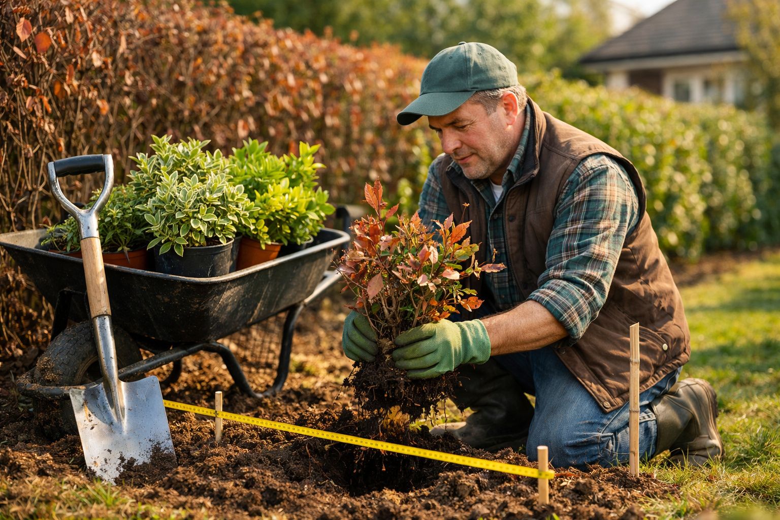 Homem a jardinar, plantando arbustos em terra com carrinho e enxada ao lado.