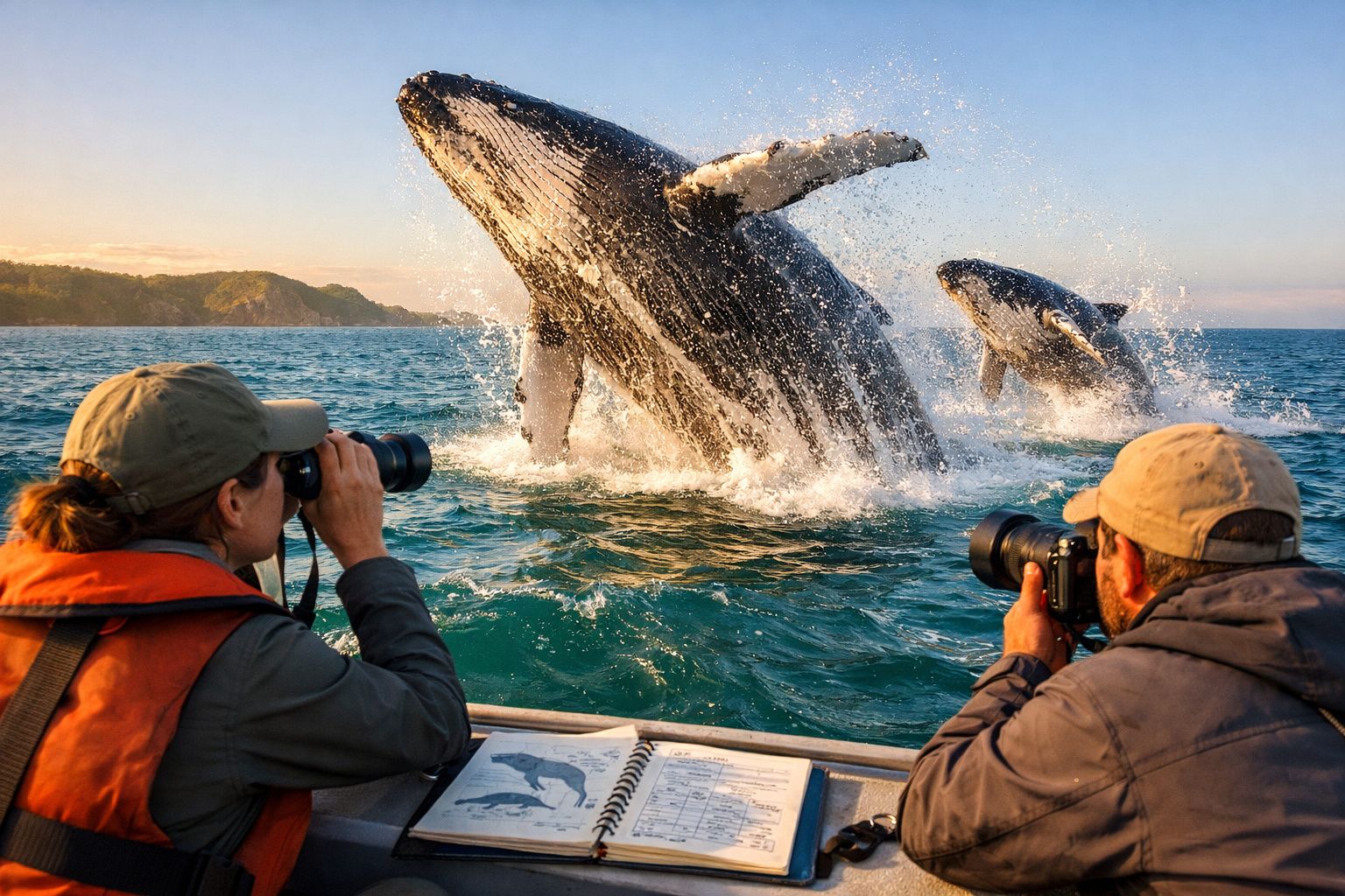 Dois fotógrafos observam e fotografam duas baleias jubarte a saltar junto a um barco no oceano ao pôr do sol.