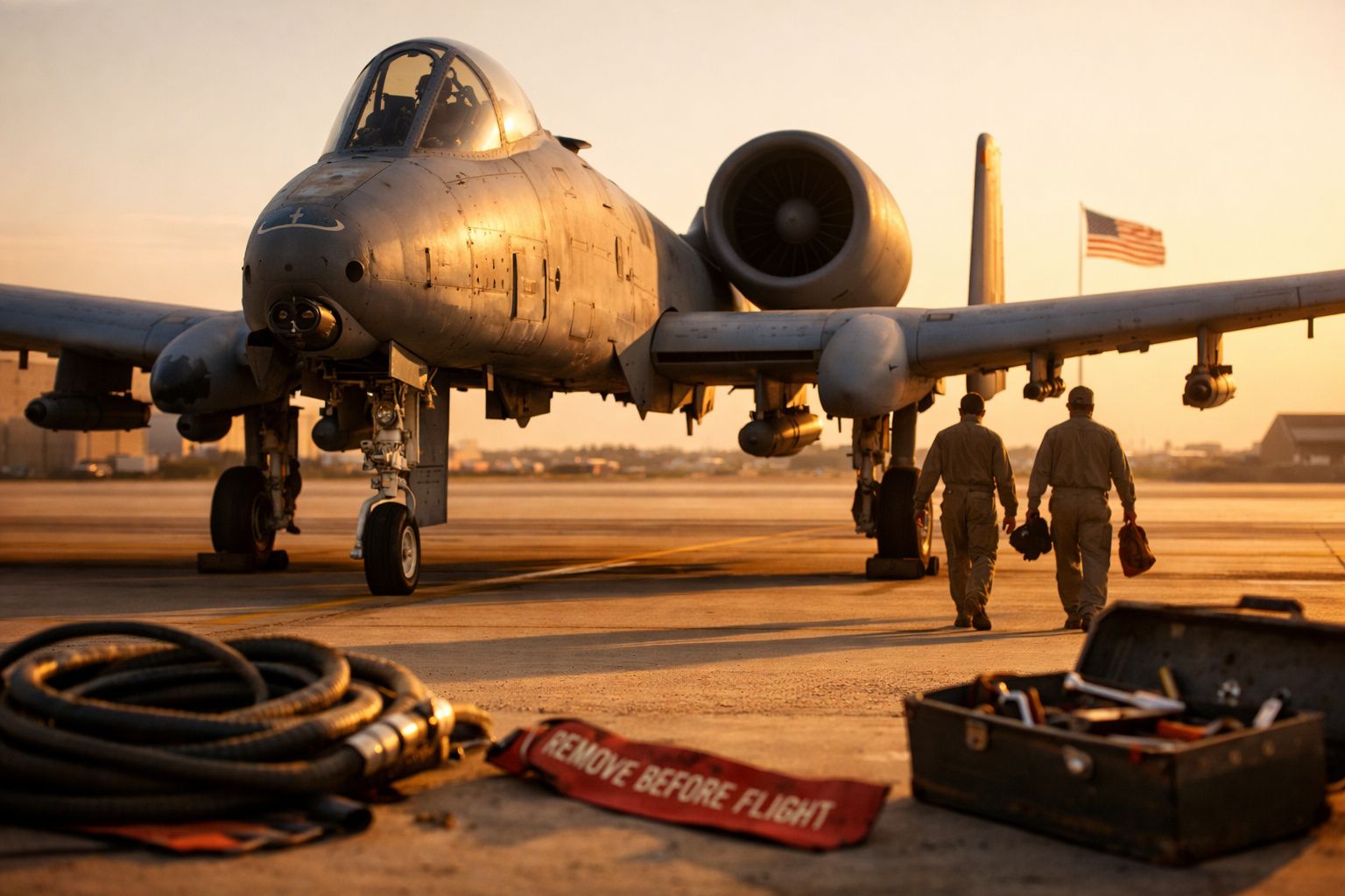 Avião militar A-10 no solo ao pôr do sol com dois militares a caminhar na pista ao fundo.