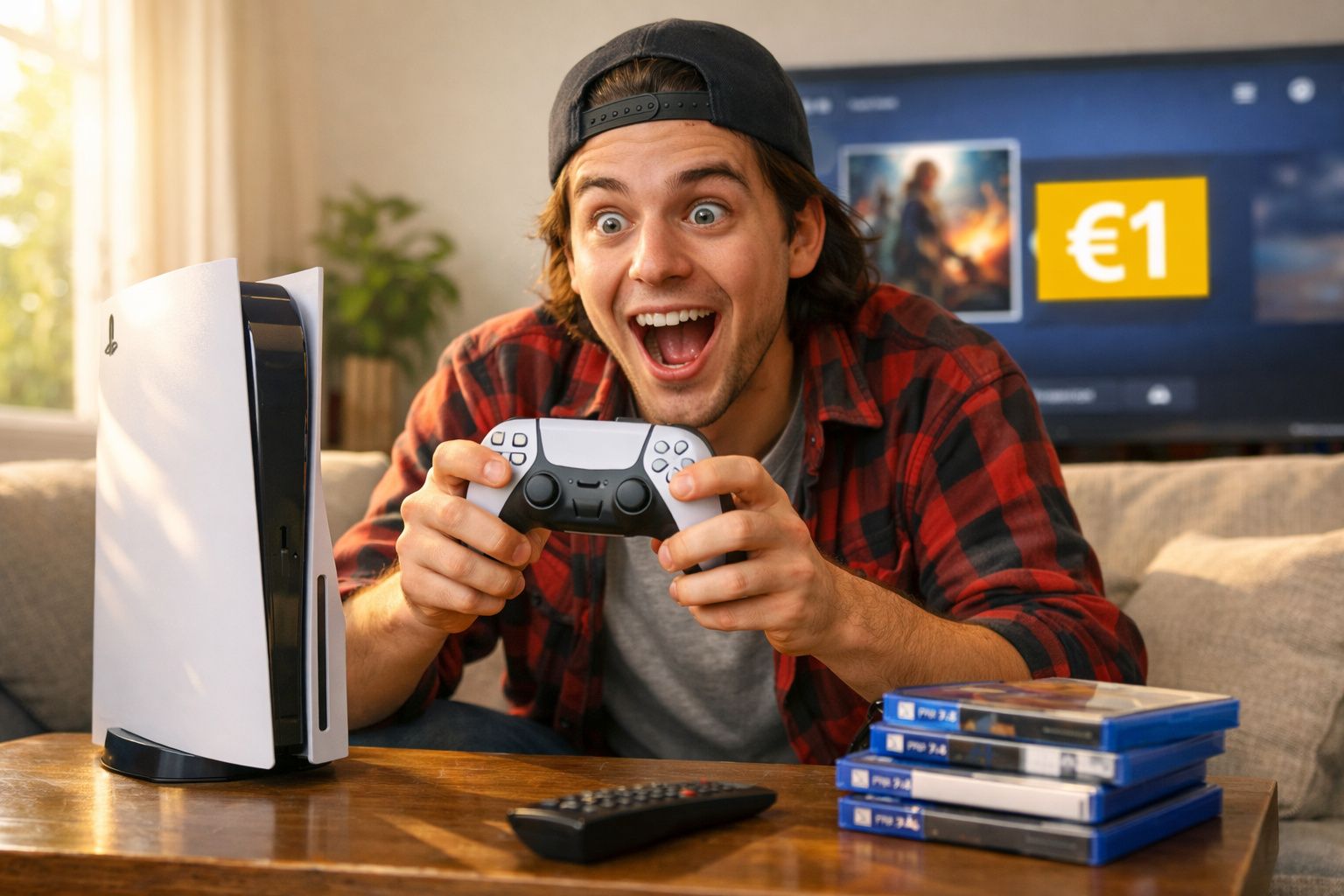 Jovem entusiasmado a jogar videojogo numa consola PlayStation 5 em sala de estar aconchegante.
