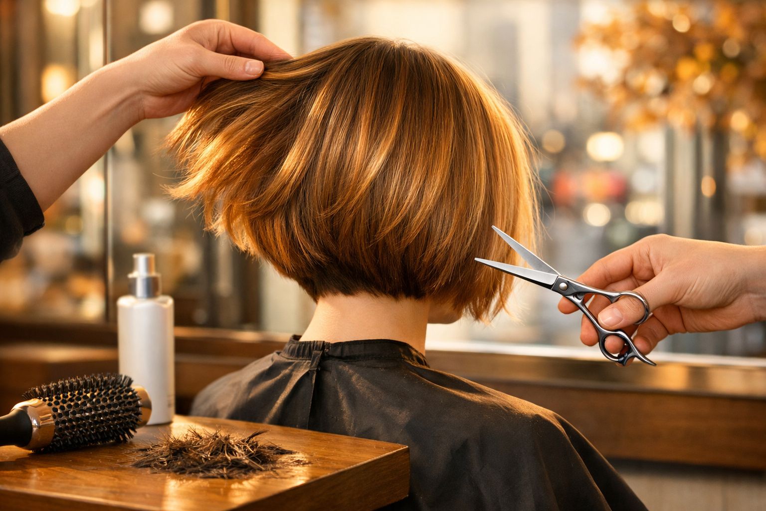 Cabeleireiro a cortar cabelo curto castanho claro a uma cliente numa cadeira de salão de beleza.