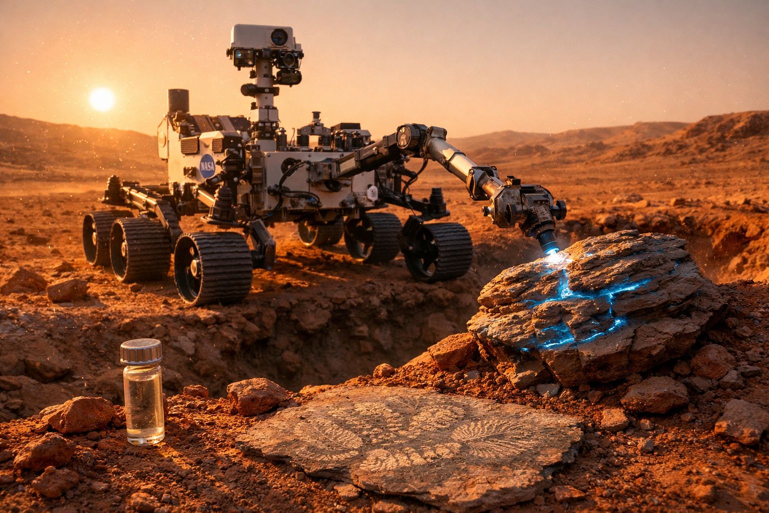 Rover da NASA numa paisagem marciana, a analisar uma rocha com luz azul sob o pôr do sol.