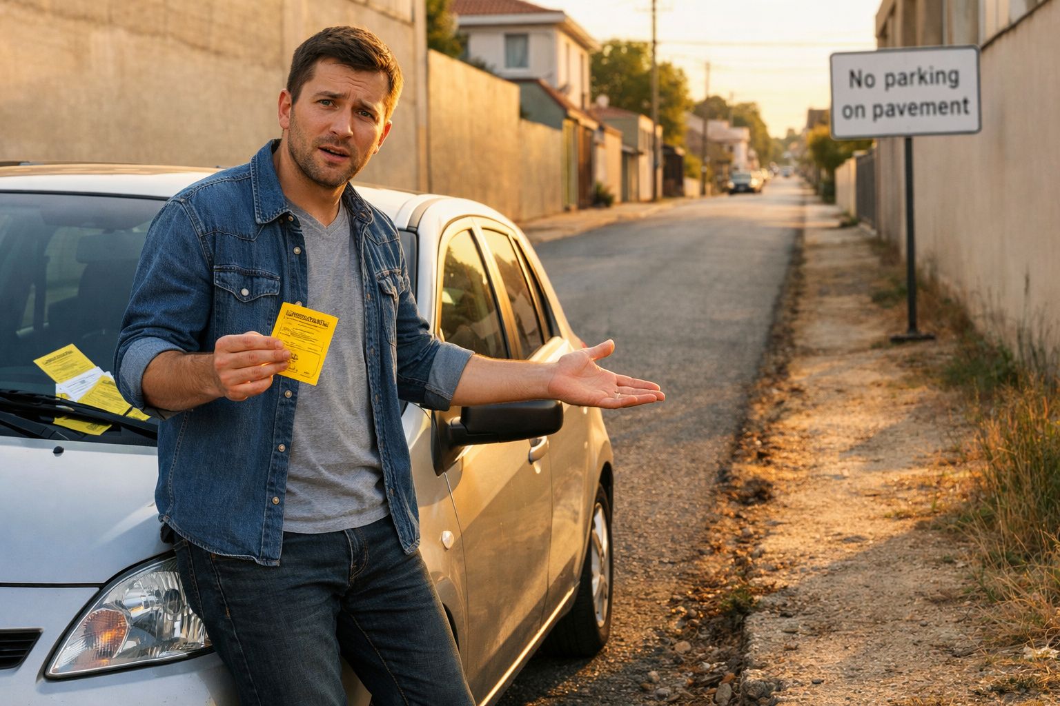 Homem junto a carro com nota de infração, ao lado de sinal de proibição de estacionamento na berma.