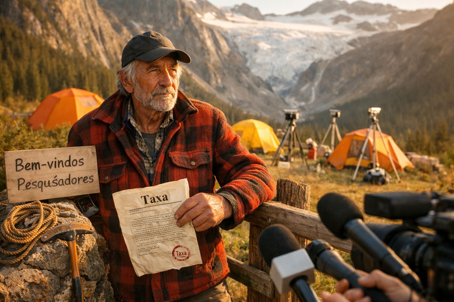 Homem sénior em floresta com tenda, segurando documento sobre taxa, com microfones e câmaras à sua frente.