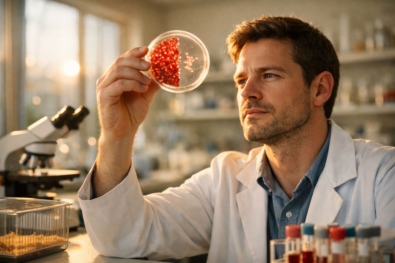 Cientista masculino a analisar placa de Petri com bactérias vermelhas no laboratório iluminado.