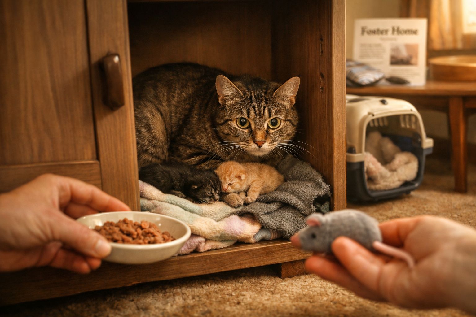 Gato mãe com dois gatinhos num armário de madeira, mãos seguram comida e brinquedo de rato à frente.