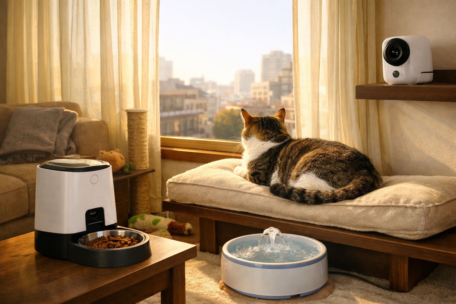 Gato deitado numa almofada junto à janela, com comedouro automático e fonte de água no ambiente.