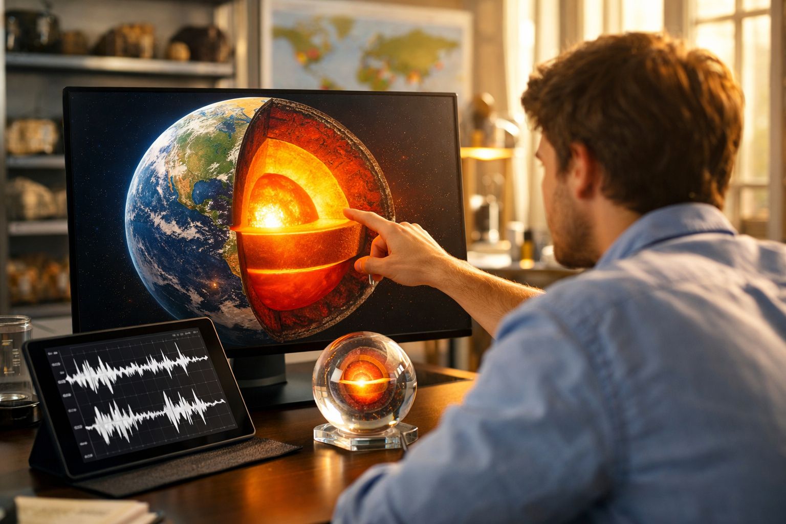 Homem a explicar a composição do núcleo terrestre usando um ecrã com imagem da Terra e dispositivo com dados sísmicos.