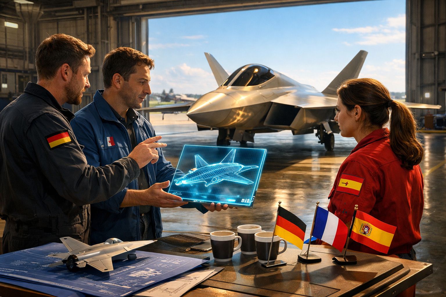 Três engenheiros discutem projeto digital de avião de combate dentro de hangar com caça ao fundo e bandeiras da Alemanha, Fra