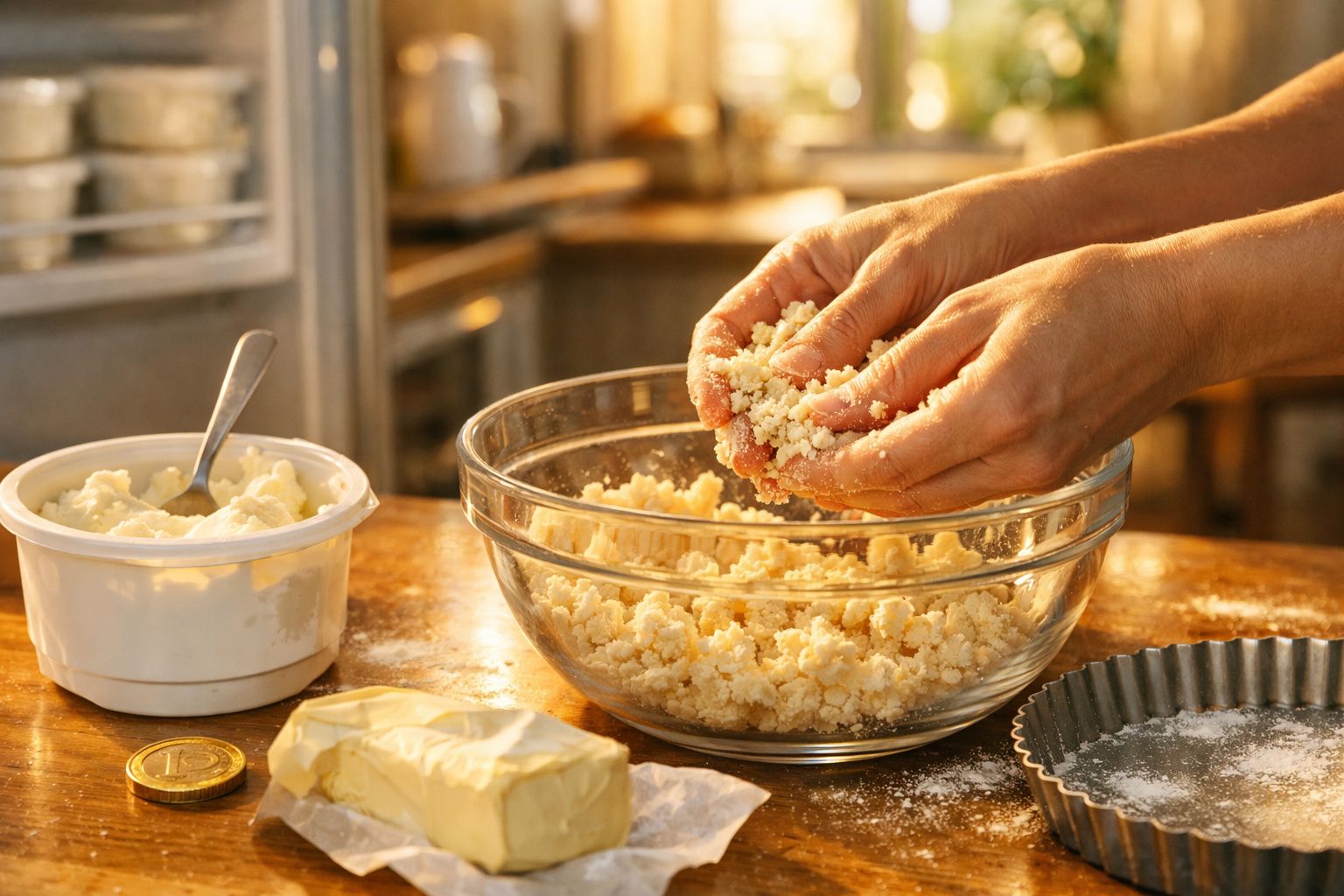 Mãos a desfazer massa ou queijo numa taça de vidro, com manteiga, queijo e forma de tarte ao lado numa bancada de cozinha.