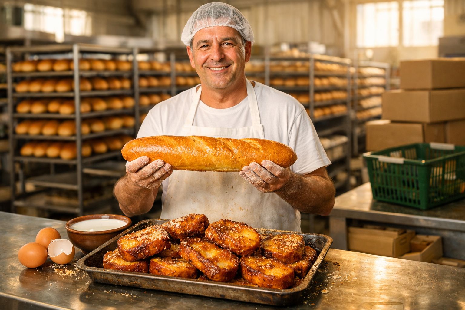 Padeiro sorridente a segurar uma baguete numa padaria com pães frescos numa bandeja e ovos na bancada.