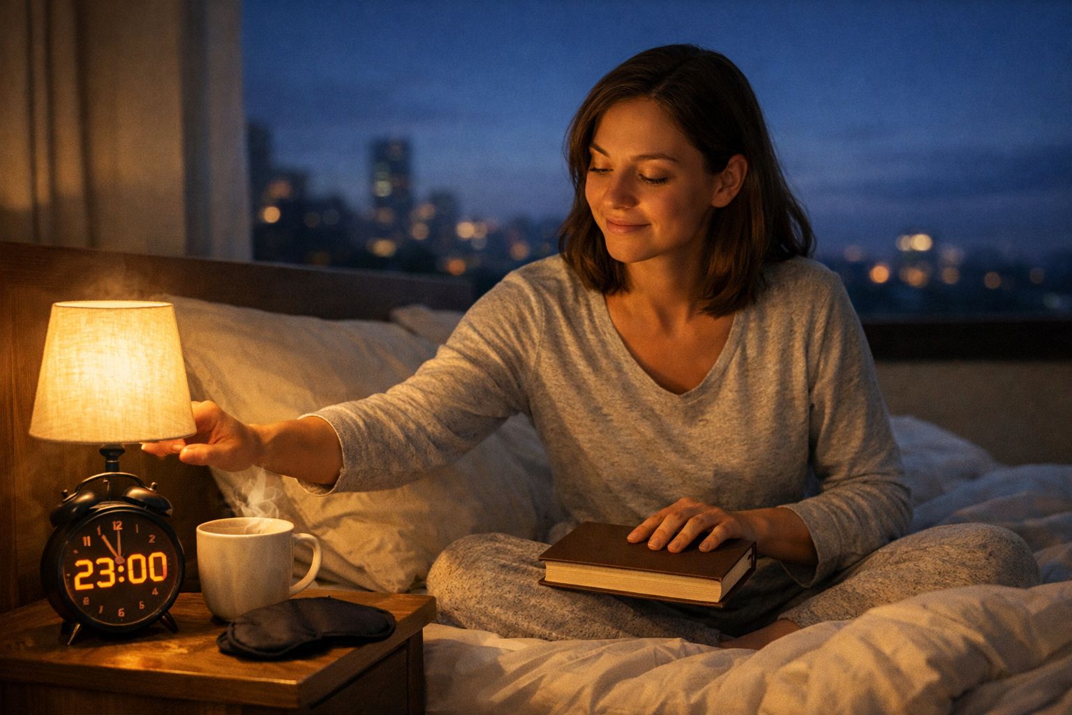 Mulher sentada na cama à noite, segurando um livro e apagando o candeeiro ao lado do relógio às 23:00.