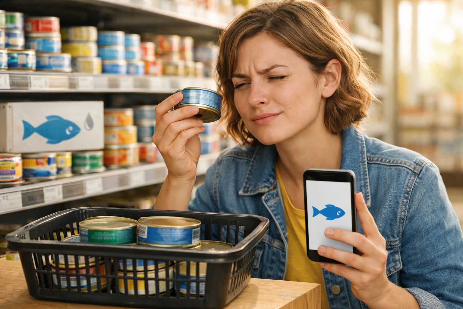 Mulher a comparar uma lata de atum com uma imagem de peixe no telemóvel num supermercado.