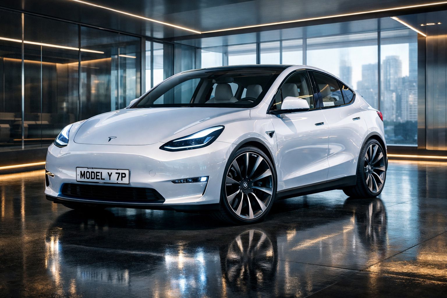 Carro elétrico Tesla Model Y branco em ambiente urbano moderno com reflexos no chão brilhante.