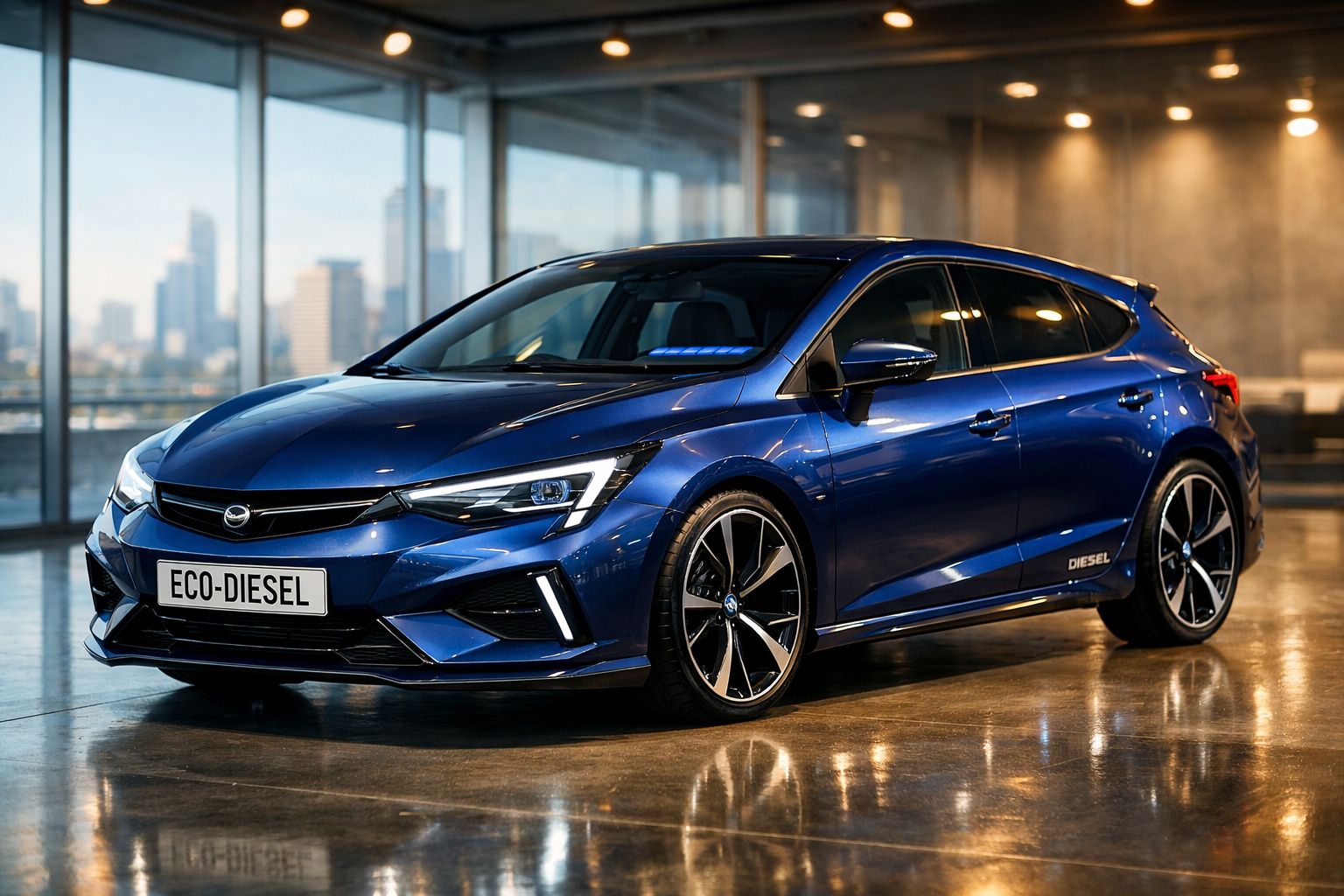 Automóvel compacto azul com design moderno, pneus desportivos e matrícula "ECO-DIESEL" estacionado em interior iluminado.