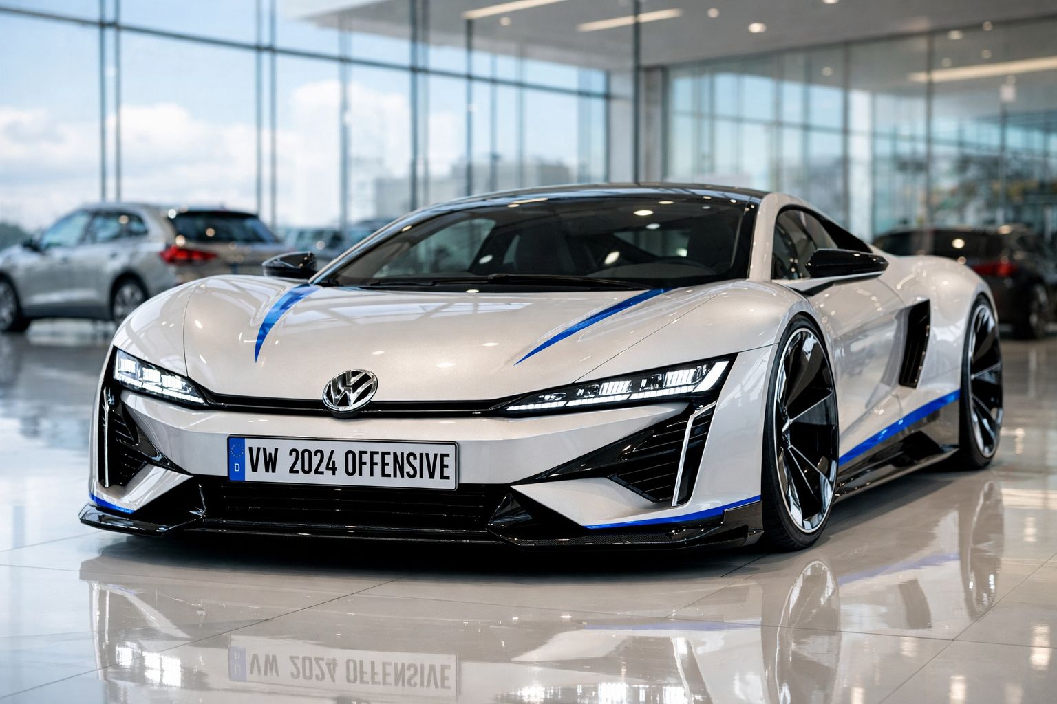 Carro desportivo branco VW 2024 Offensive com detalhes em azul, exposto em showroom moderno.