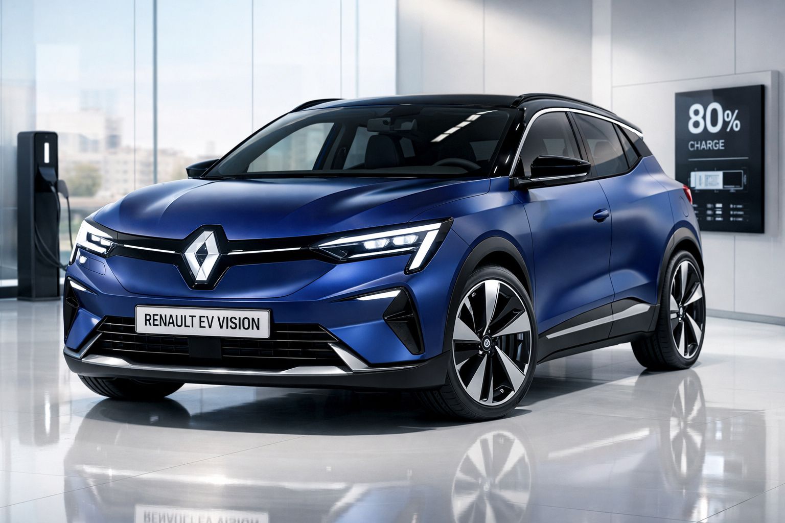 Carro elétrico azul Renault EV Vision estacionado em carregador com indicador de carga a 80%