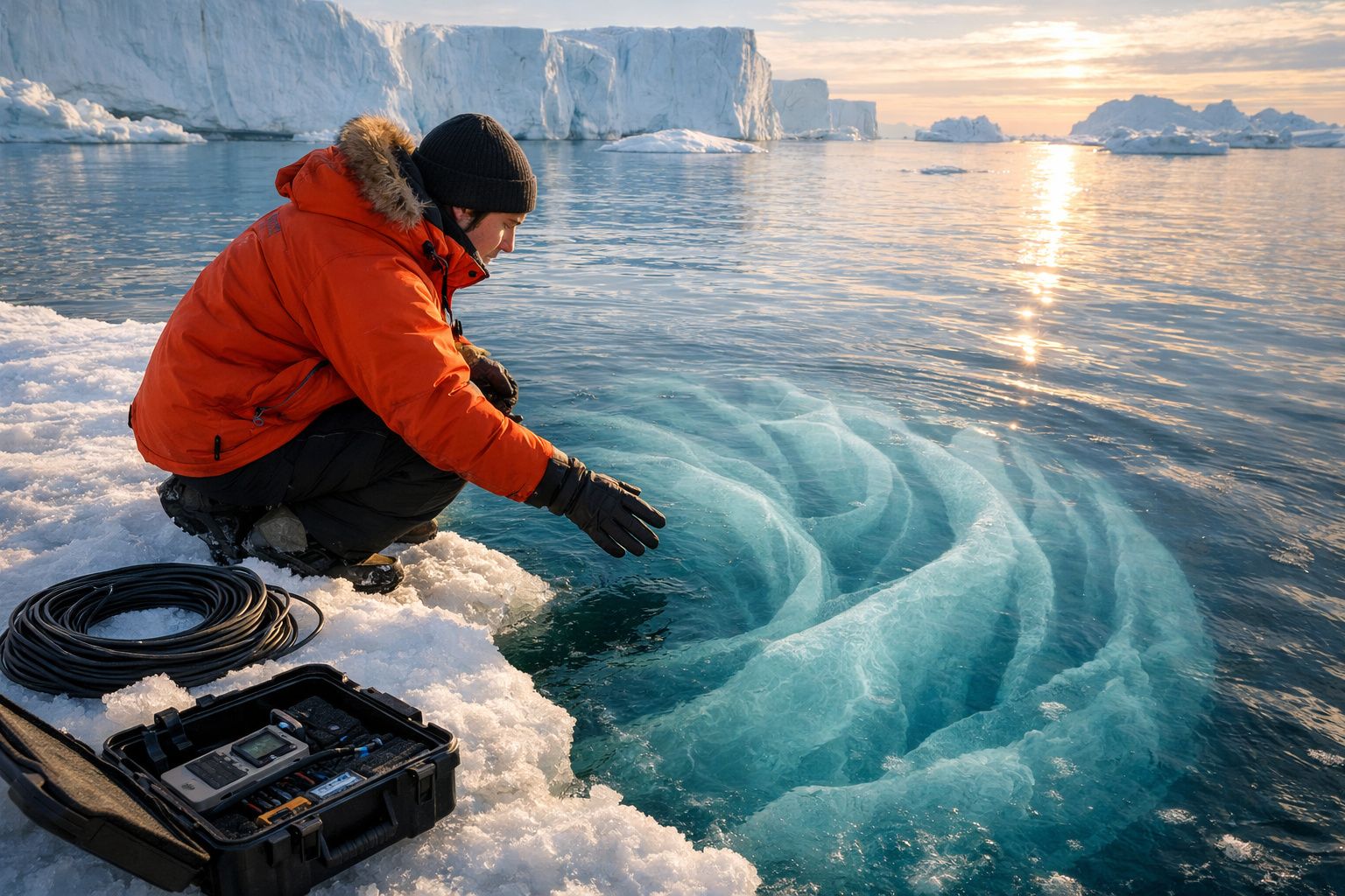 Pessoa com casaco laranja observa buraco em gelo azul junto a equipamento técnico no meio de uma paisagem gelada.
