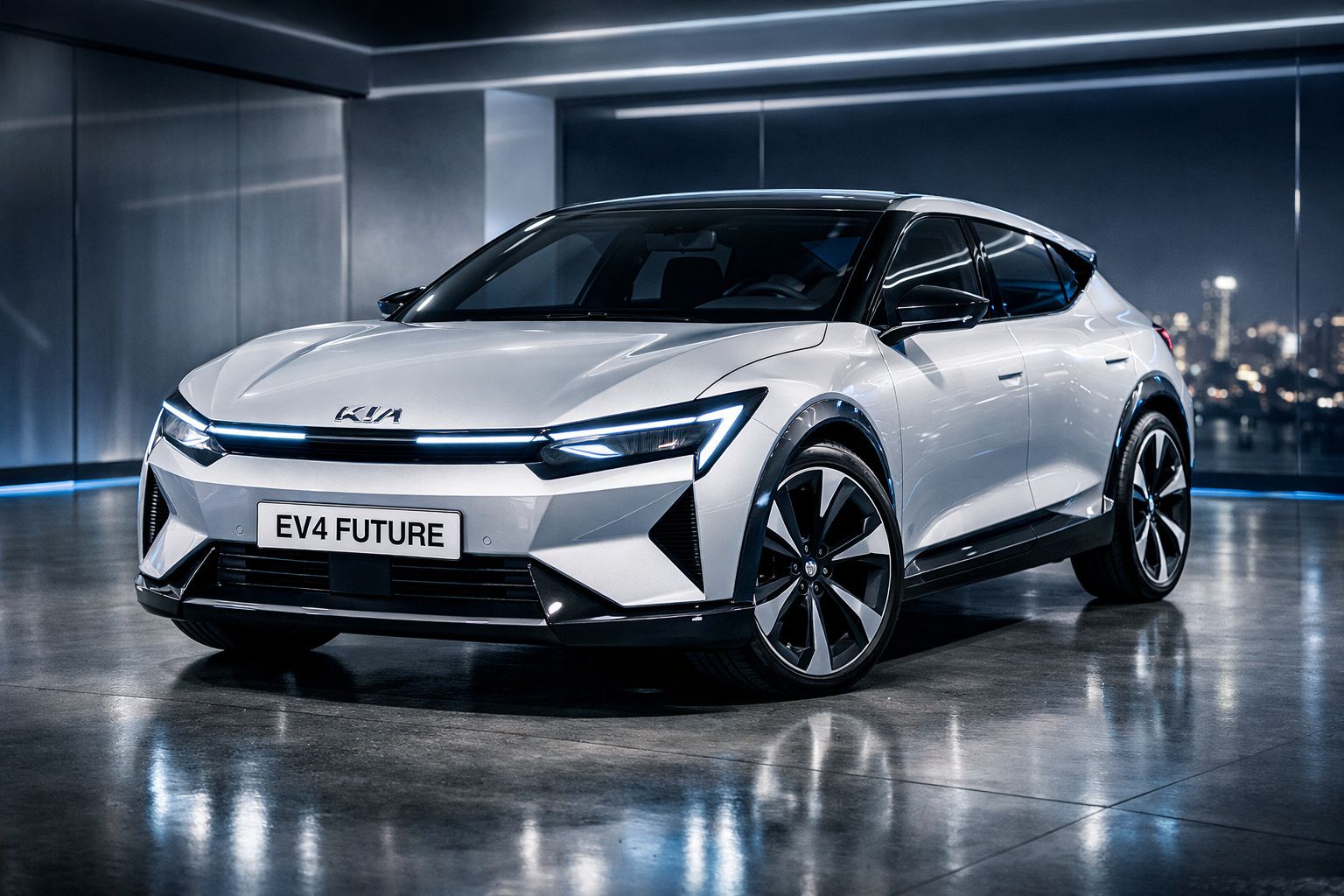 Carro elétrico Kia EV4 Future branco estacionado em ambiente urbano moderno com luzes noturnas.