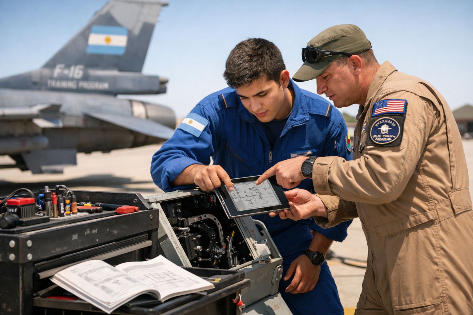 Militar dos EUA instrui técnico da Argentina ao lado de equipamento eletrónico e jato de treino F-16.