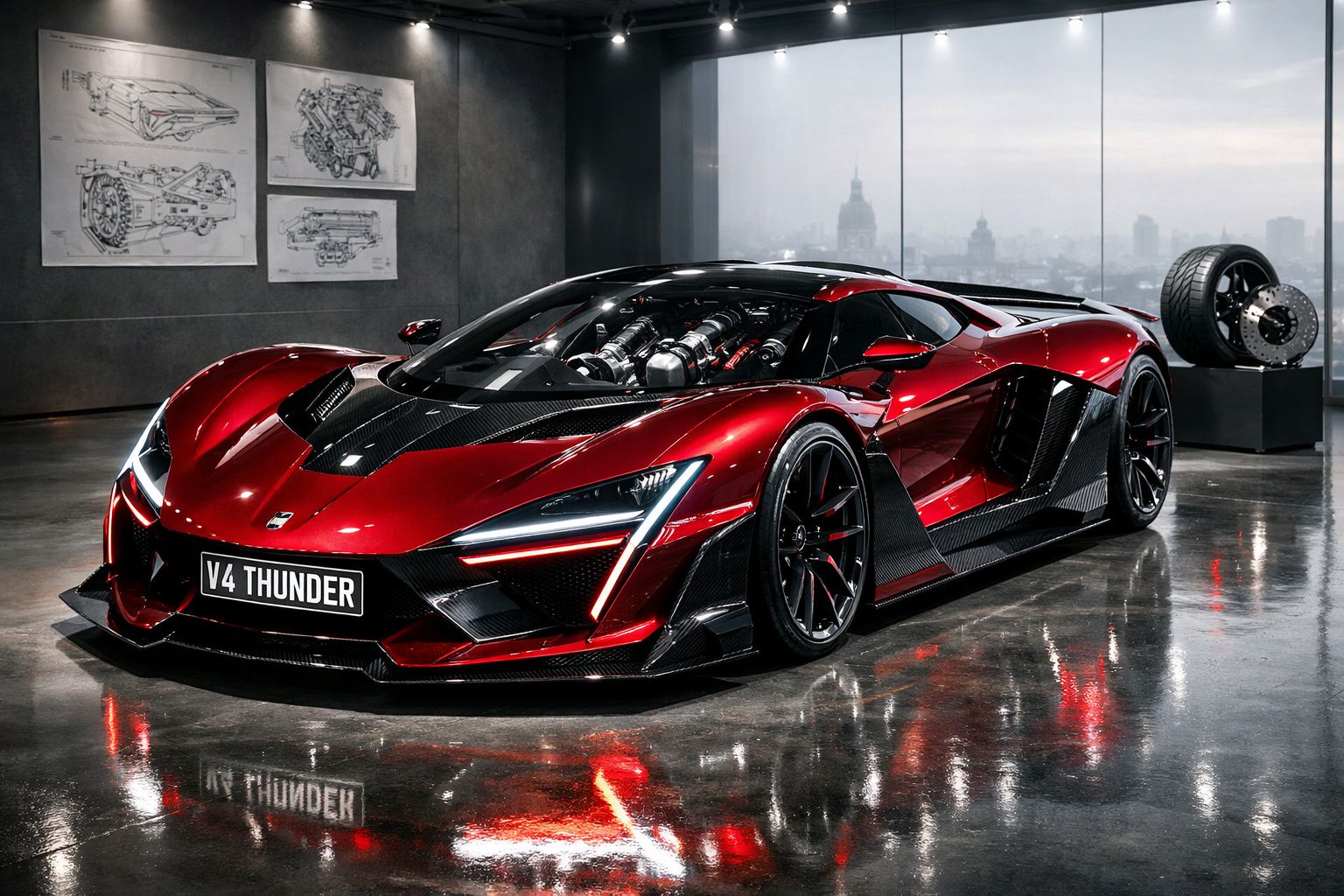 Carro desportivo vermelho com design futurista e motor exposto numa sala com paredes cinzentas e maquetes técnicas.