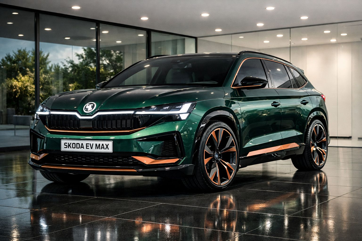 Carro eléctrico Skoda EV Max verde metálico com detalhes laranja, estacionado em interior moderno.