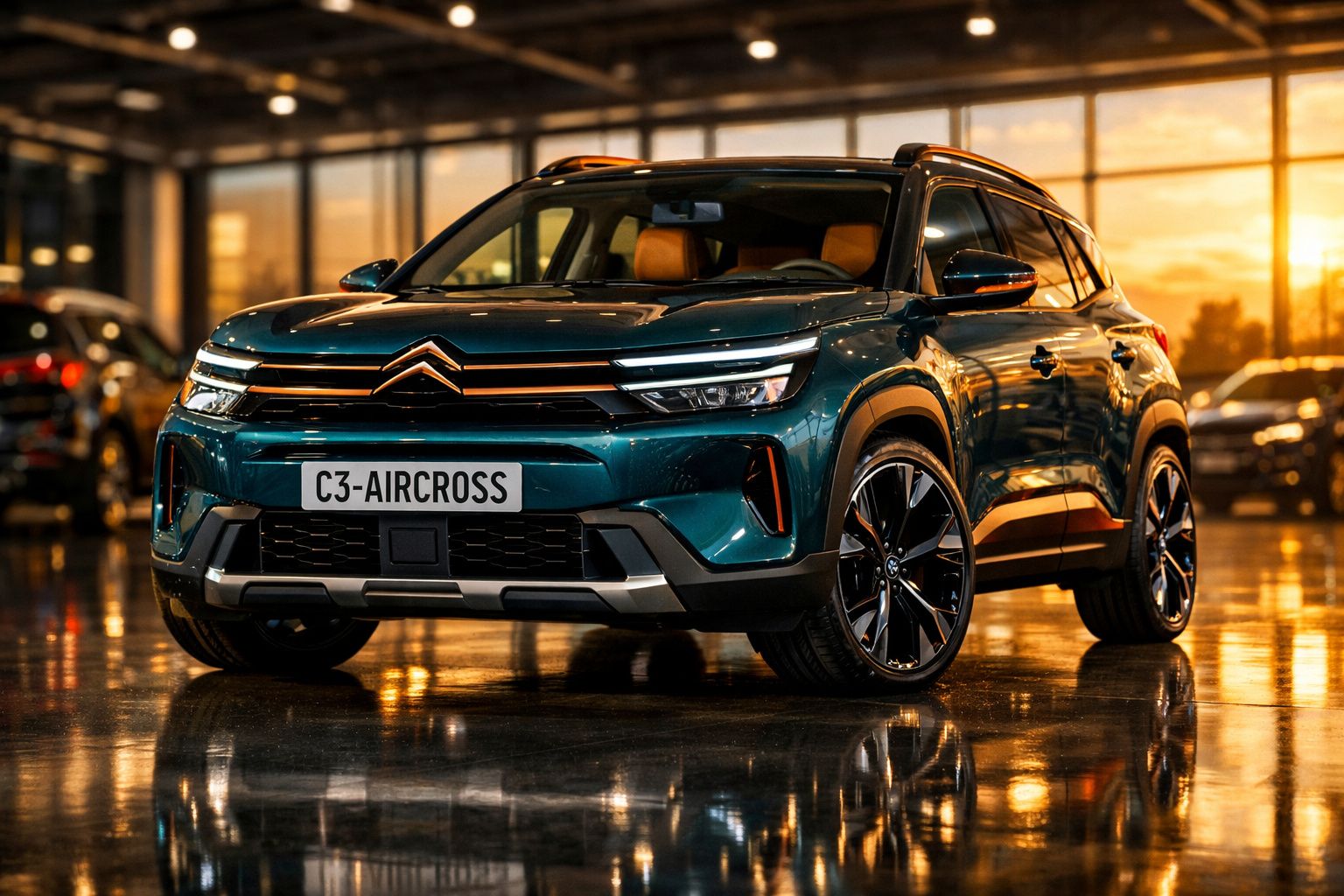SUV Citroën C3 Aircross verde em destaque num ambiente urbano iluminado ao pôr do sol.