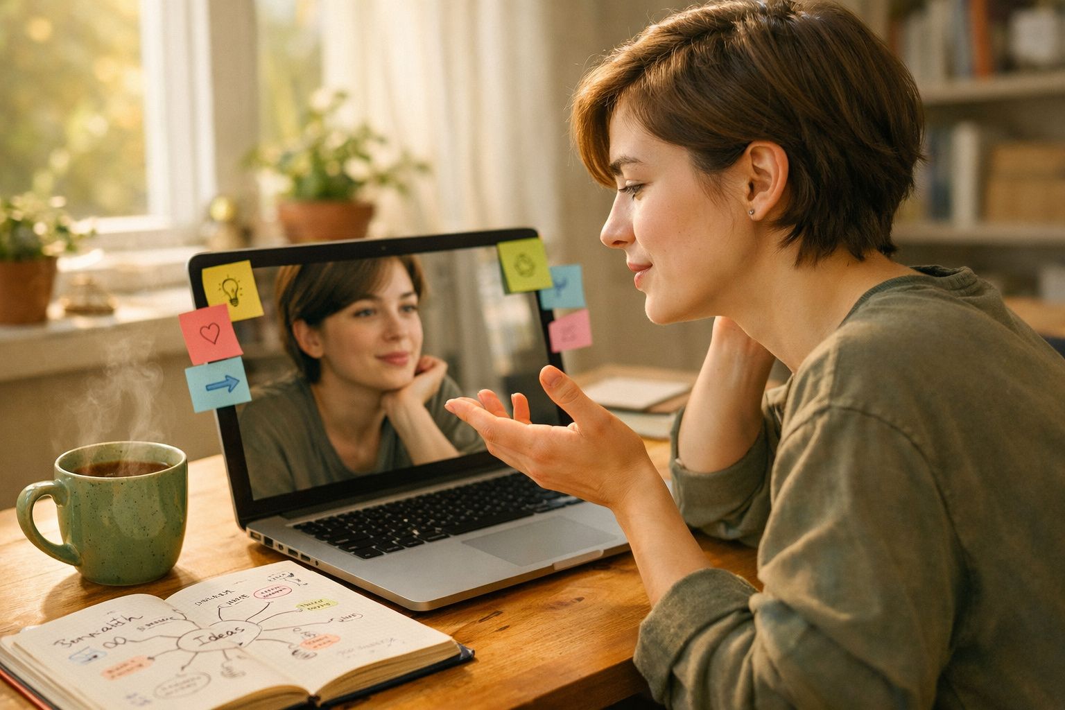 Mulher jovem a conversar com laptop numa mesa com caderno, caneca de chá e post-its coloridos.