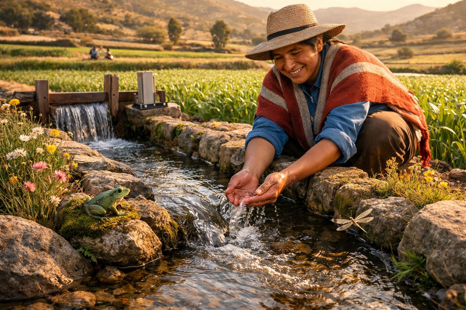 Pessoa sorridente com chapéu recolhe água de ribeiro rodeado por rãs, flores e vegetação num campo ao entardecer.