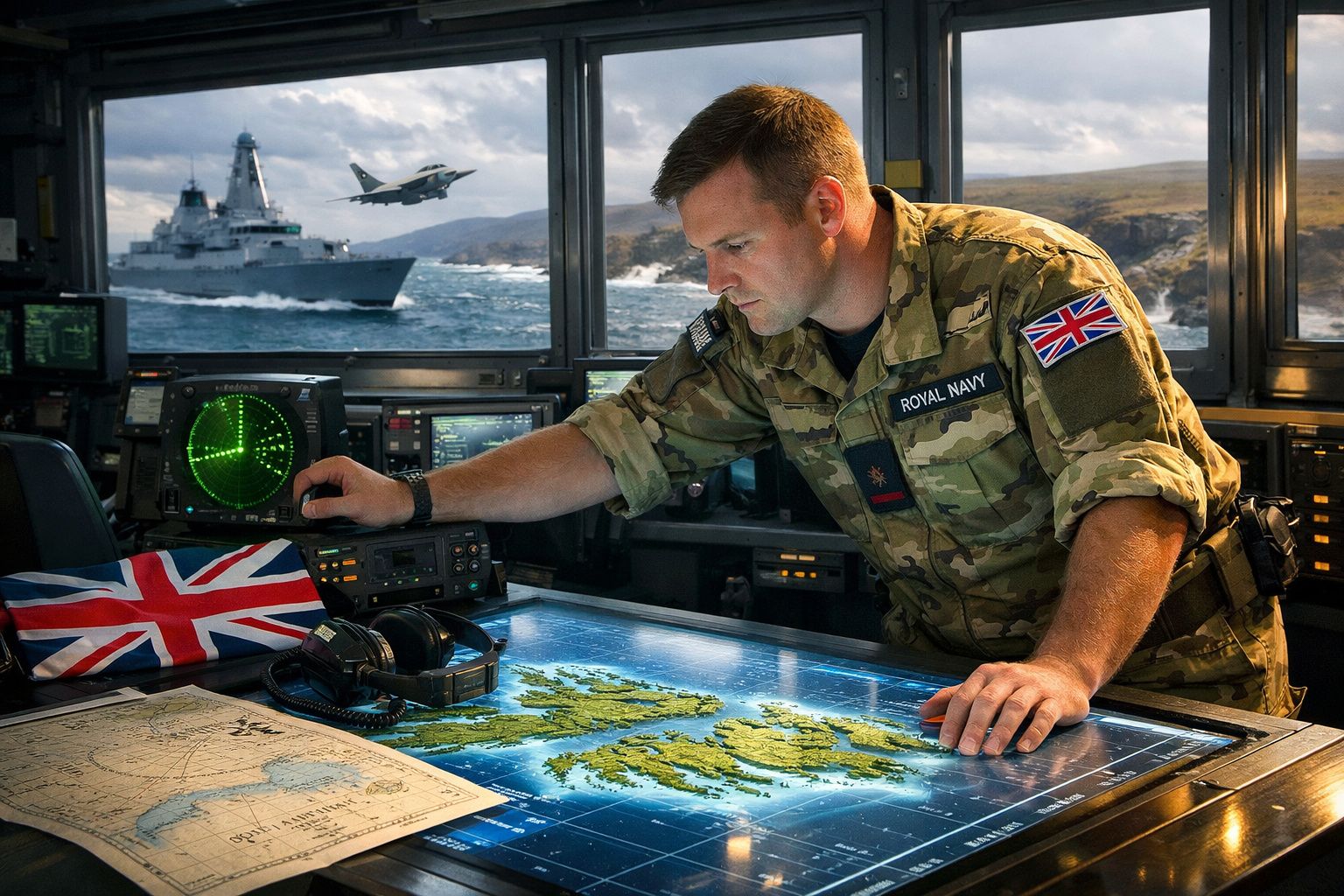 Militar da Marinha Real Britânica a operar radar e analisar mapa numa ponte de navio com caça e fragata ao fundo.