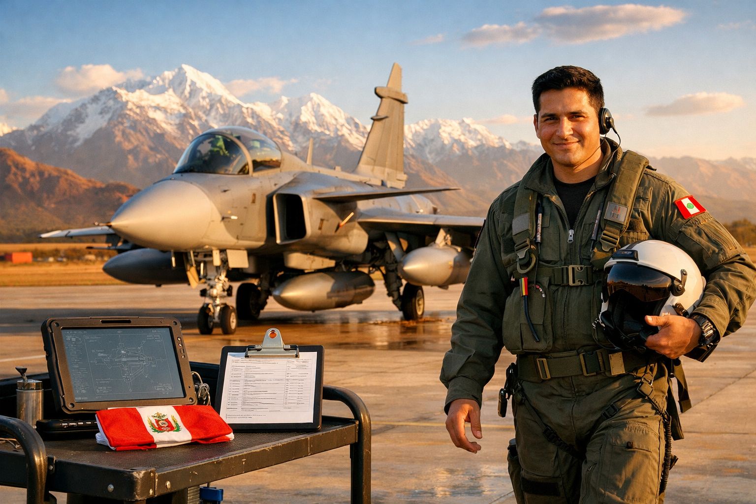 Piloto com fato de voo e capacete na mão, perto de avião militar, com montanhas ao fundo ao pôr do sol.