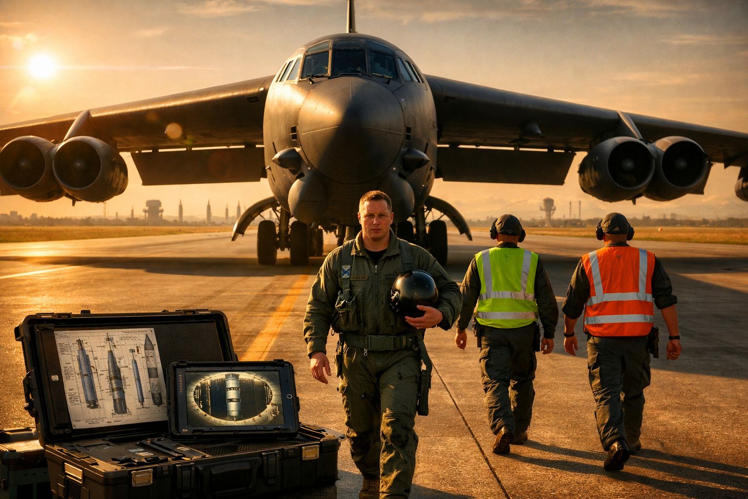 Piloto militar com fato de voo caminha perto de avião de grande porte na pista ao pôr do sol.