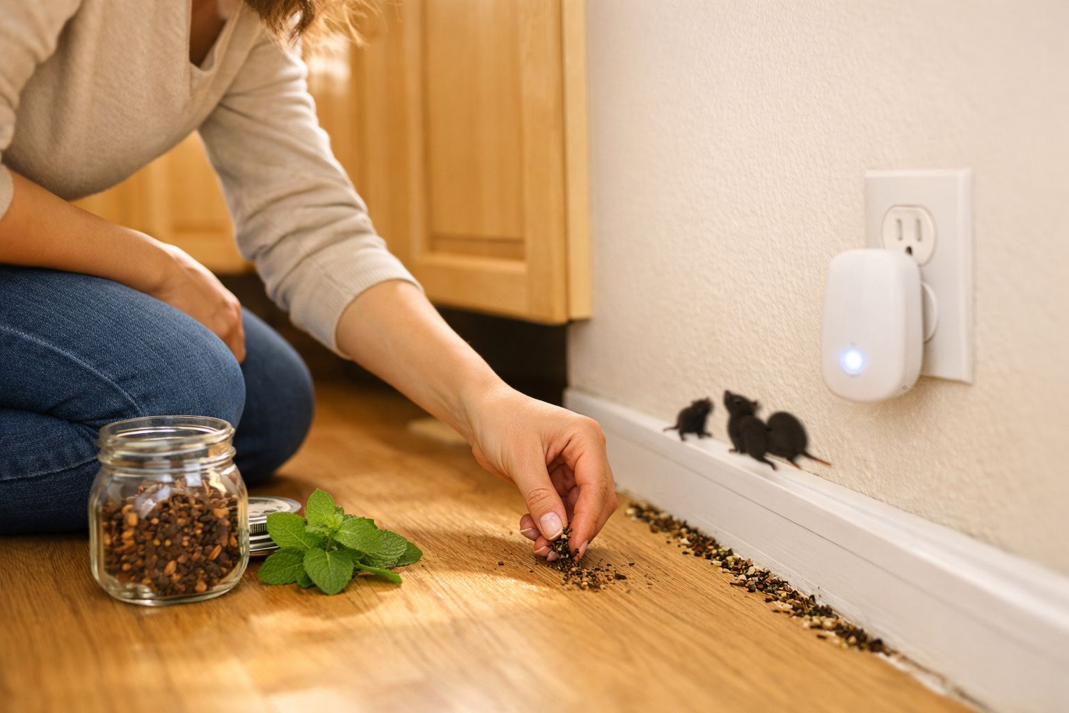 Pessoa a espalhar cravos-da-índia no chão junto a três ratos pretos e um repelente ligado numa tomada.