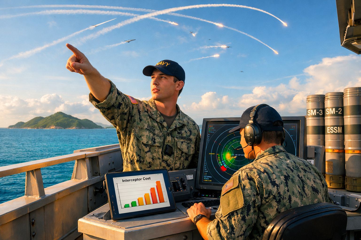 Dois militares da marinha observam o lançamento de mísseis no mar, com ecrãs de controlo no convés.