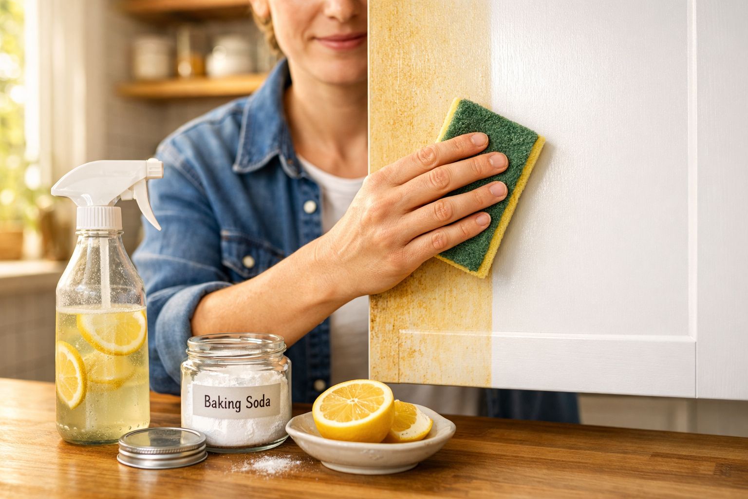Pessoa a limpar uma porta suja com esponja, bicarbonato de sódio, limão e spray de limpeza caseiro na mesa.