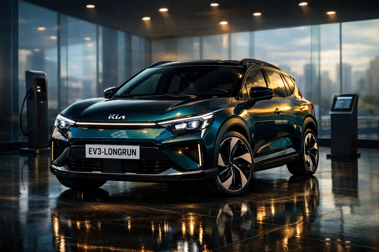 Carro elétrico Kia EV3-LONGRUN verde estacionado em espaço fechado com chão refletor e máquina de carregamento.