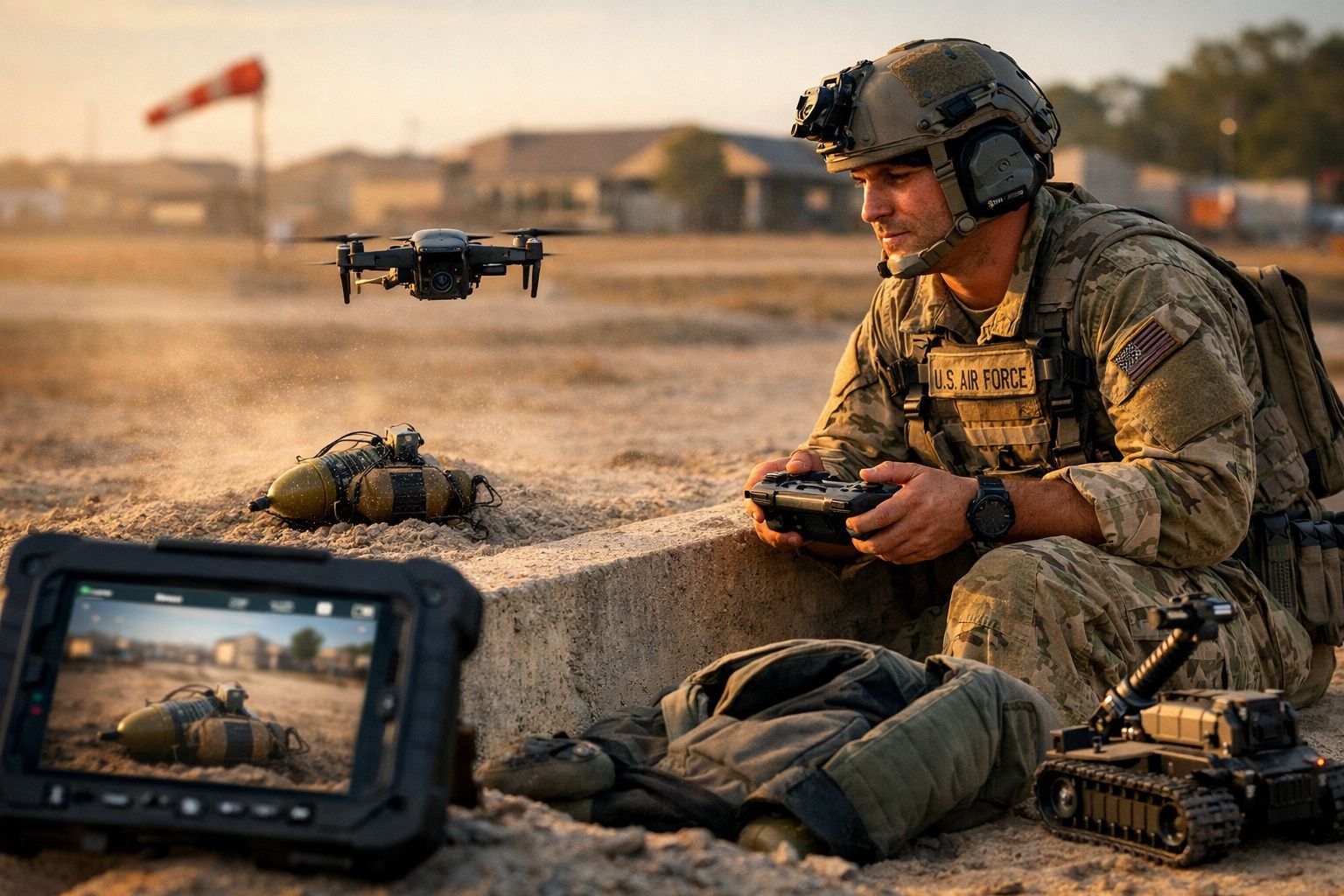 Soldado dos EUA controla drone perto de equipamento militar no chão em ambiente desértico ao pôr do sol.