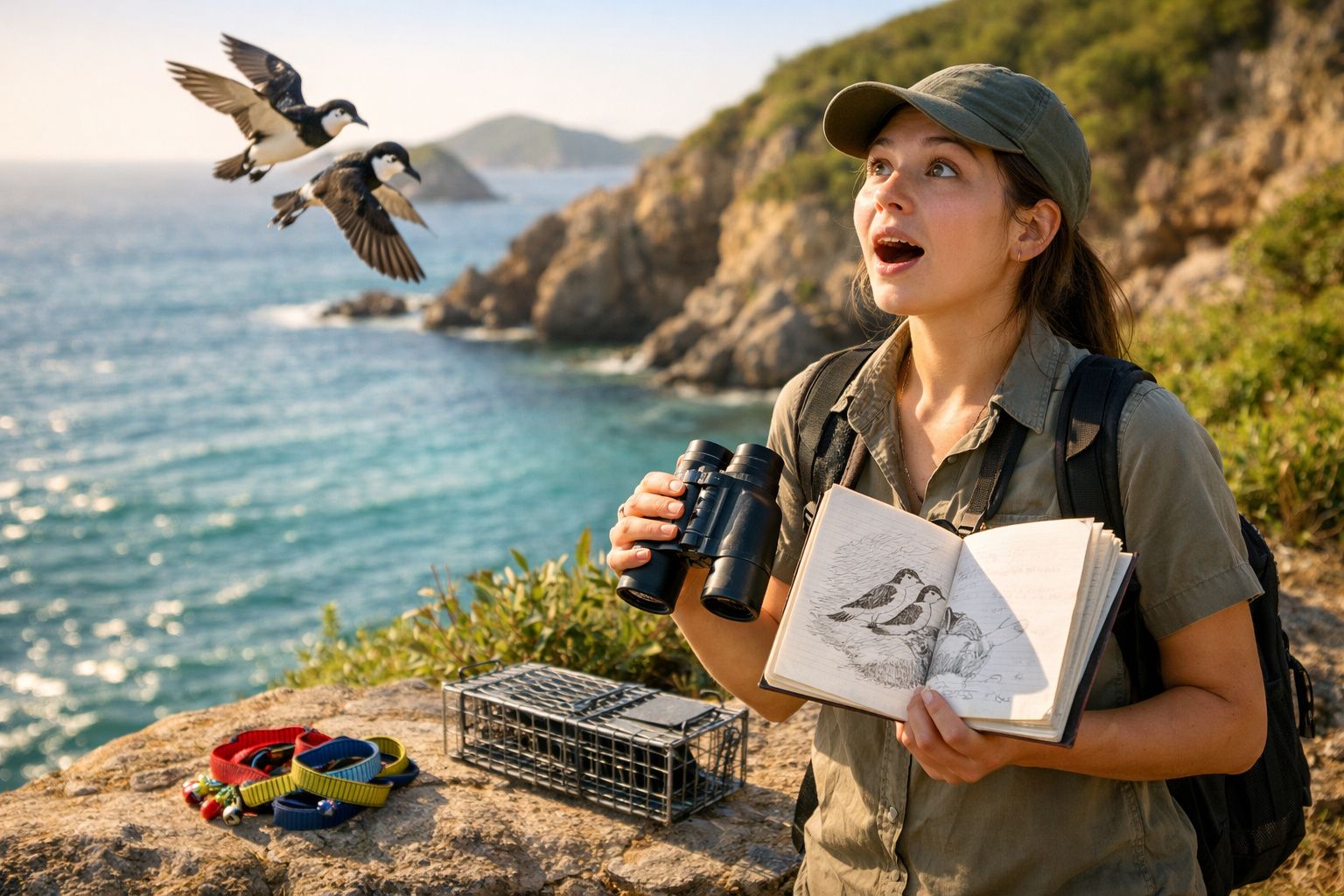 Mulher com binóculos e caderno de observação observa aves junto ao mar num cenário rochoso.
