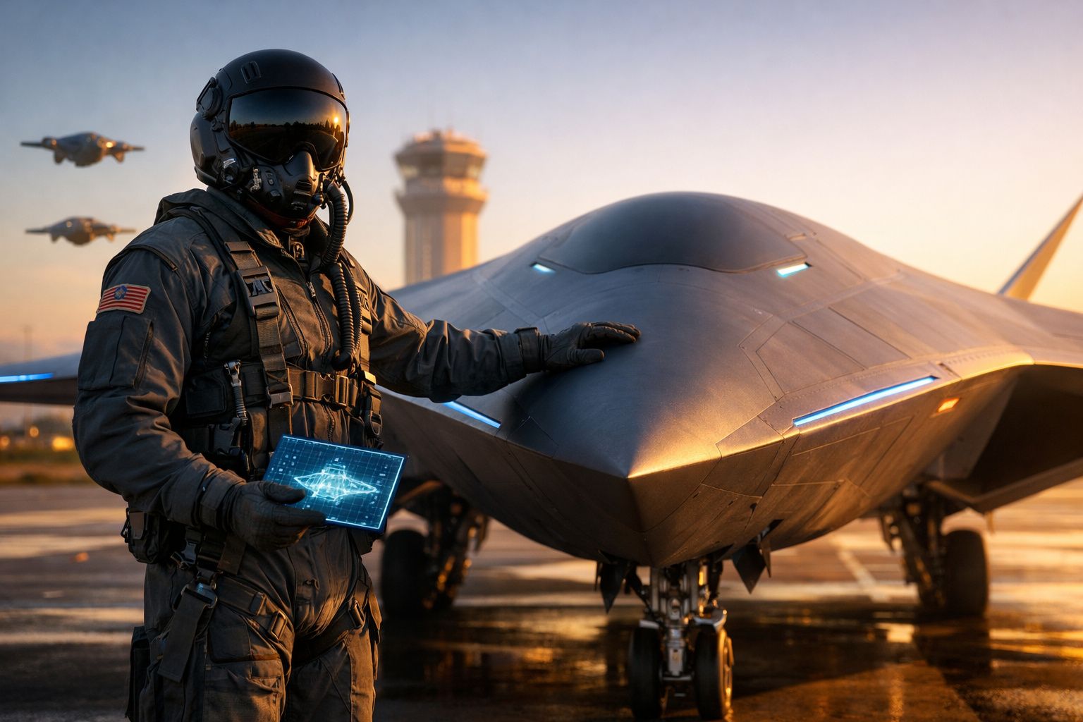 Piloto militar com equipamento completo e tablet ao lado de um avião furtivo num aeroporto ao pôr do sol.
