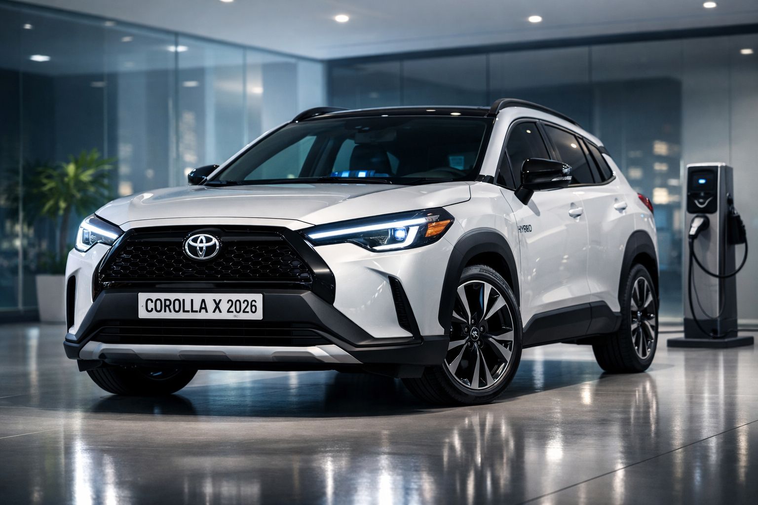 Carro Toyota Corolla X 2026 branco estacionado em ambiente moderno junto a posto de carregamento elétrico.