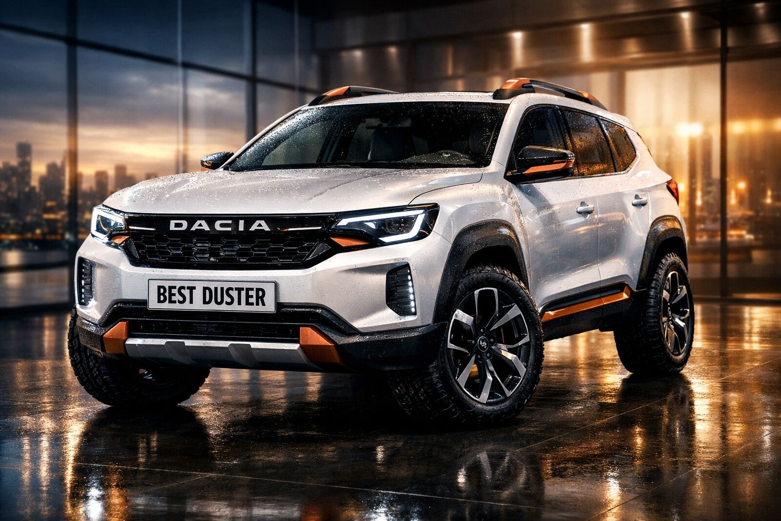 SUV Dacia Best Duster branco com detalhes em laranja, com iluminação urbana ao fundo, em piso molhado.