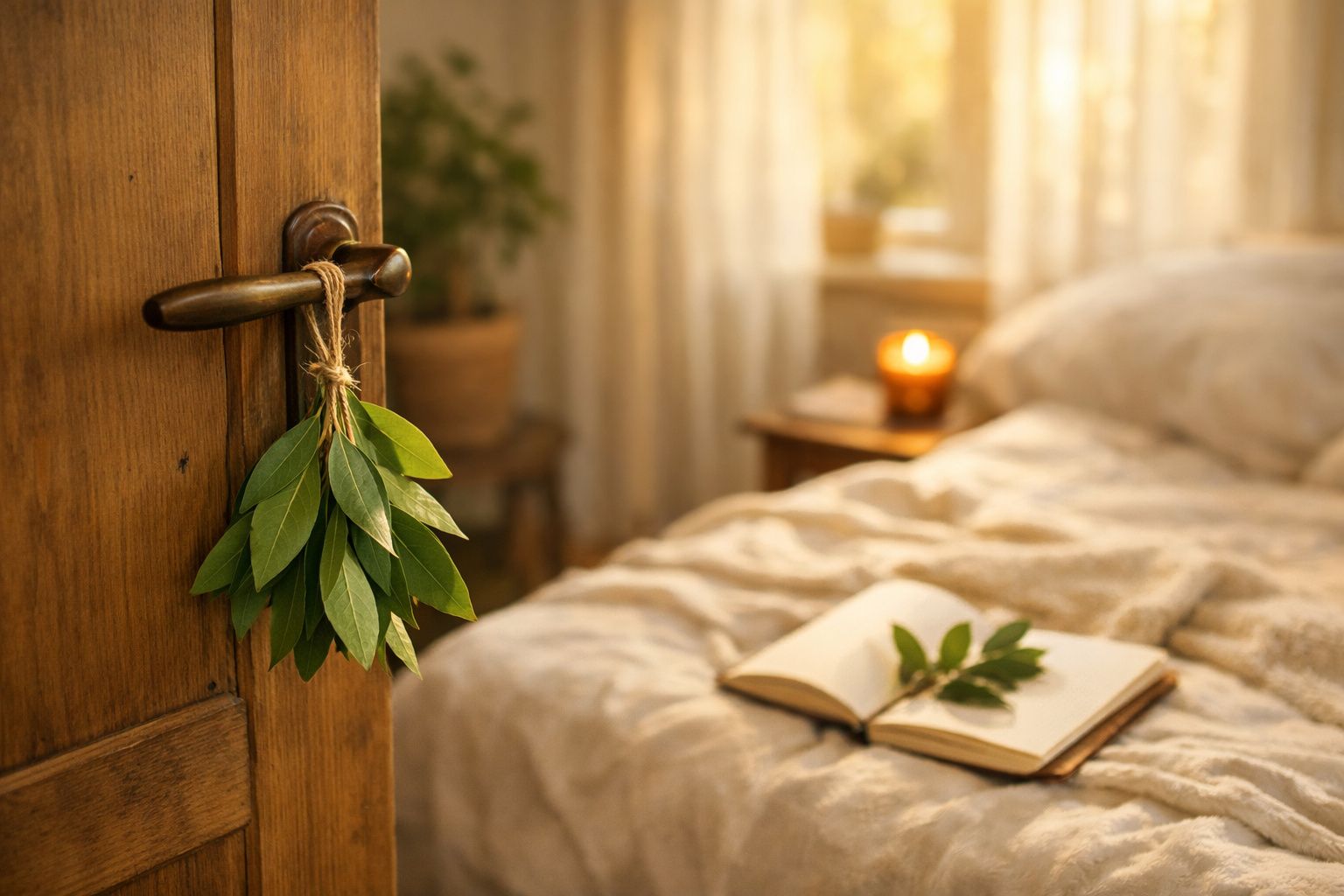 Quarto acolhedor com porta de madeira, ramo de folhas pendurado, cama com livro aberto e vela acesa na mesa.