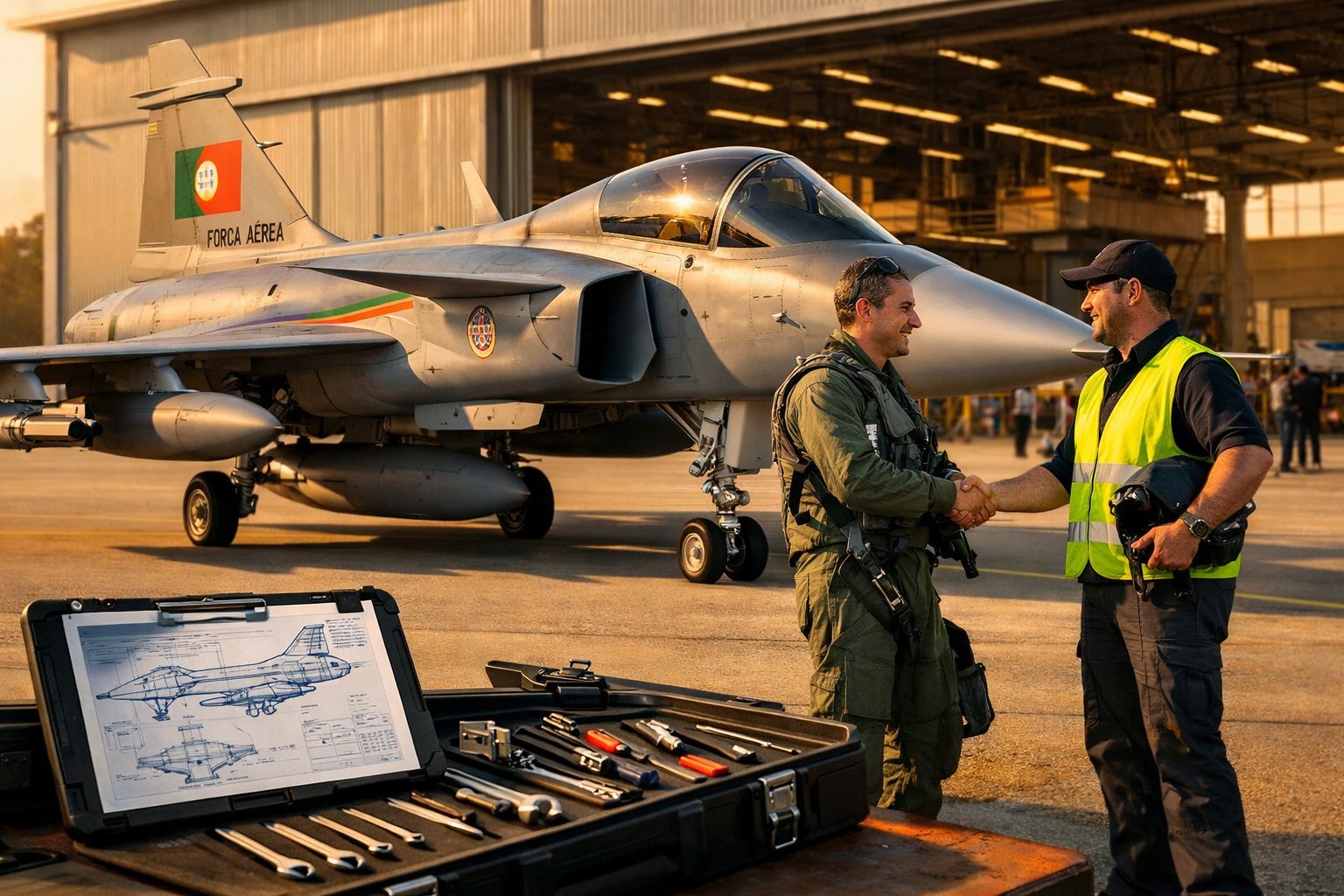 Piloto militar cumprimenta técnico junto a caça da Força Aérea portuguesa numa base aérea ao pôr do sol.